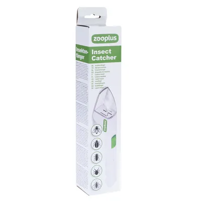 Zooplus rovarfogó, csomagolás termékképpel és különböző rovarfajok szimbólumaival: légy, pók, bogár. Többnyelvű leírás az oldalon.