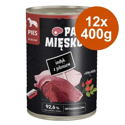 Банка с гипоаллергенным кормом для взрослых собак, вкус индейка и олень с шиповником. Упаковка: 12x400 г, содержит 92,6% мяса, субпродуктов и бульона.