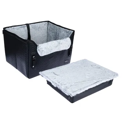 Schwarze Transportbox mit grauem Plüsch-Innenfutter und abnehmbarem Deckel, geeignet für Haustiertransport. Seitliche Griffe sichtbar.