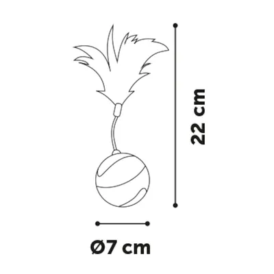 Diagram of a toy with ball and feather. Height: 22 cm, ball diameter: 7 cm.