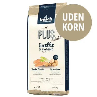 bosch HIGH PREMIUM CONCEPT PLUS adult forelle & kartoffel, Single Protein, Grain free, UDEN KORN, 12,5 kg. Billede af ørred og kartofler på emballagen.