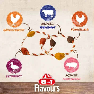 8in1 Flavours. Žvečilni prigrizki z žilavo govejo kožo, svinjsko kožo, piščančjimi prsmi, račjimi prsmi in piščančjimi jetri.
