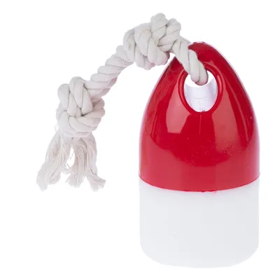 Jouet pour chien en plastique rouge et blanc avec corde épaisse blanche nouée, visible sur fond blanc.