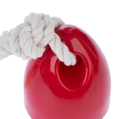 Jouet pour animal en plastique rouge avec une corde épaisse blanche nouée, visible sur le dessus du jouet.
