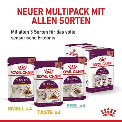 Royal Canin Sensory multipack kattenvoer, 12 zakjes: 4x Smell, 4x Taste, 4x Feel. Tekst in het Duits: 'Neuer Multipack mit allen Sorten. Mit allen 3 Sorten für das volle sensorische Erlebnis.'