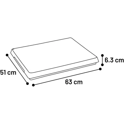 Diagram met afmetingen: lengte 63 cm, breedte 51 cm, hoogte 6,3 cm.