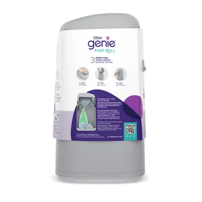 Litter Genie Easy Roll mit Anleitung in drei Schritten: 1. Beutel ziehen, 2. drehen, 3. verriegeln. Erspart tägliche Müllgänge. QR-Code für weitere Informationen.