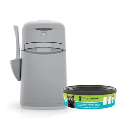 LitterLocker šedý zásobník s lopatkou a náhradní kazeta s nápisem Refill, Recharge, Recambio, Recarga, obrázek kočky a ikony produktů na etiketě.