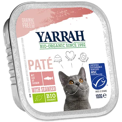 Yarrah Bio-Organic Paté with Seaweed, lohi, viljaton, MSC-sertifioitu, 100 g kissanruoka. BIO ORGANIC, GRAIN FREE RECIPE, CERTIFIED SUSTAINABLE SEAFOOD MSC näkyvissä pakkauksessa.