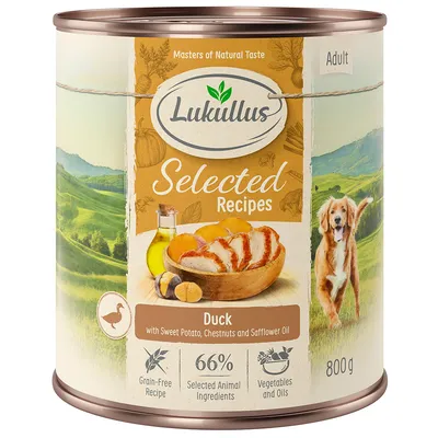 Lukullus Selected Recipes Adult, kacsa édesburgonyával, gesztenyével és bogáncsolajjal. Gabonamentes recept, 66% válogatott állati összetevő, zöldség és olaj, 800g.