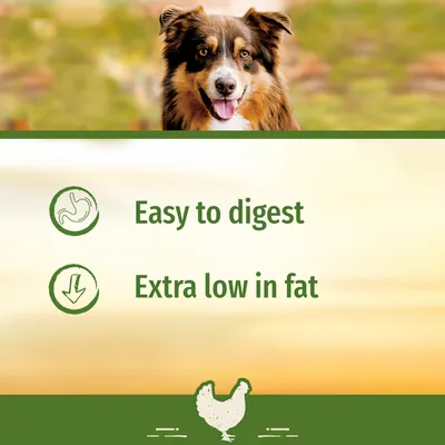 Product features: easy to digest and extra low in fat, with icons representing digestion and low fat. Chicken icon shown at the bottom.