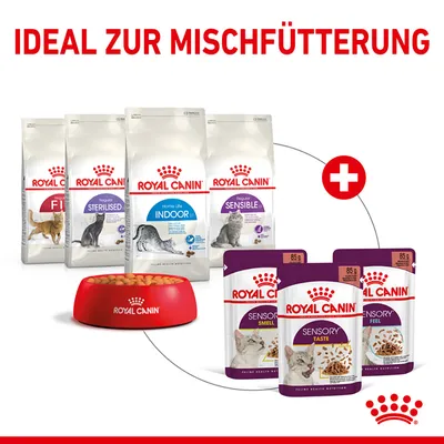 Royal Canin torr- och våtfoder, idealiskt för blandad utfodring. Produkter: Fit, Sterilised, Indoor, Sensible, Sensory Smell, Taste, Feel. Röd matskål med Royal Canin-logotyp.