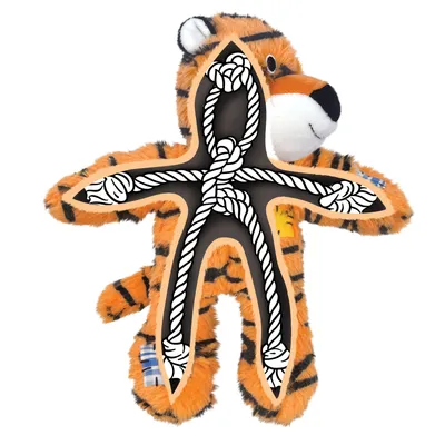 Jouet en forme de tigre avec peluche orange à rayures noires, coupe transversale montrant une structure interne en corde nouée visible au centre du jouet.