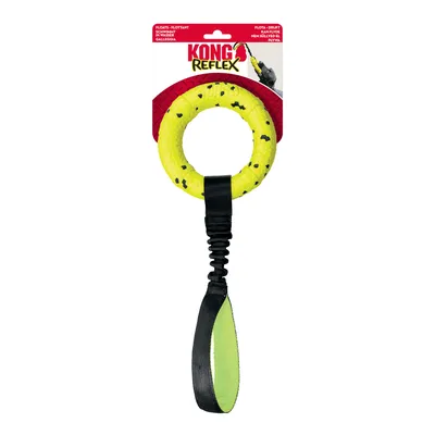 KONG Reflex toy, yellow ring with black handle, floats. Packaging shows product name and features: Floats - Flottant.