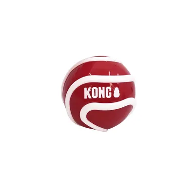 Red ball with white stripes and KONG logo, suitable for pet toys.