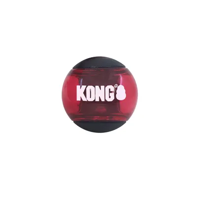 Red ball with black rim and white KONG logo, suitable for pet toys.