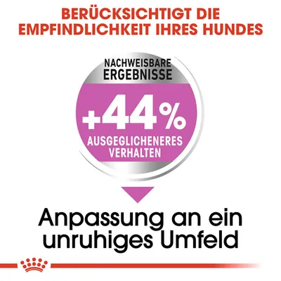 Texte en allemand : berücksichtigt die Empfindlichkeit Ihres Hundes, nachweisbare Ergebnisse +44 % ausgeglicheneres Verhalten, Anpassung an ein unruhiges Umfeld