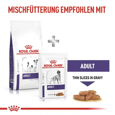 Royal Canin Expert Adult für kleine Hunde. Mischfütterung empfohlen mit Trockenfutter und Nassfutter in Sosse, dünne Scheiben.