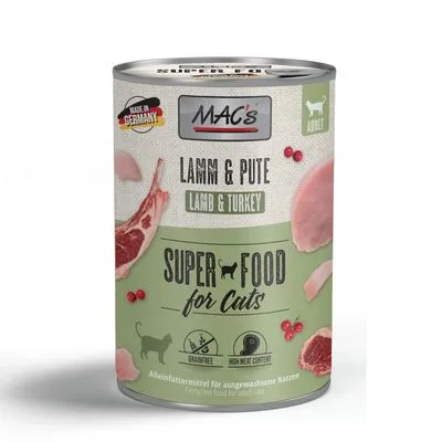 MAC's Lamm & Pute Super Food for Cats, blik met afbeelding van lams- en kalkoenvlees, tekst: graanvrij, hoog vleesgehalte, Made in Germany, compleetvoer voor volwassen katten.