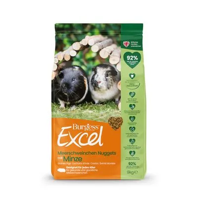 Burgess Excel Meerschweinchen Nuggets mit Minze, 92% vezelrijke ingrediënten, geschikt voor elke leeftijd, verpakking van 1,5 kg. Tekst deels in het Duits.