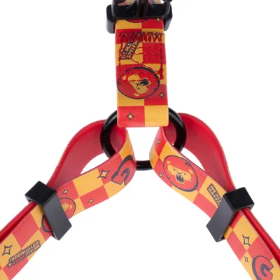 Red and yellow harness with bear motif, black buckle and metal rings. Text: 'We Bare Bears' visible on the strap.