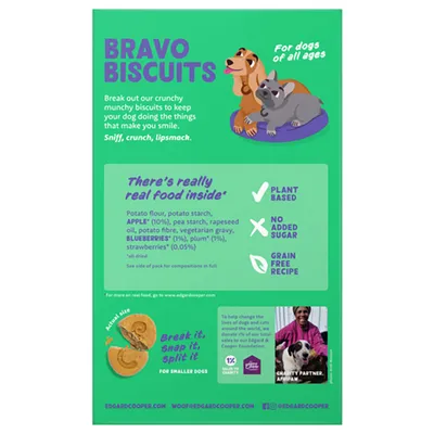BRAVO BISCUITS hondenkoekjes, plantaardig, geen toegevoegde suikers, graanvrij. Ingrediënten: aardappelmeel, appel 10%, bosbessen 1%, pruim 1%, aardbei 0,05%. Edgard & Cooper.
