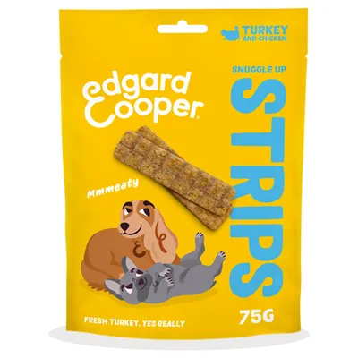 Edgard Cooper Snuggle Up Strips, 75g. Tekst: TURKEY AND CHICKEN, Mmmeaty, FRESH TURKEY. YES REALLY. Gele verpakking met afbeelding van twee honden en zichtbare strips.