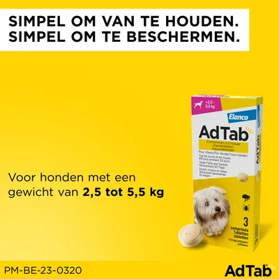 AdTab kauwtabletten voor honden 2,5–5,5 kg, verpakking met 3 tabletten. Tekst: Simpel om van te houden. Simpel om te beschermen. Voor honden met een gewicht van 2,5 tot 5,5 kg.