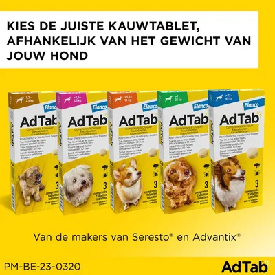AdTab kauwtabletten voor honden, verpakkingen per gewichtsklasse: 1–3 kg, 2,5–5,5 kg, 5,5–11 kg, 11–22 kg, 22–45 kg. Kies op basis van het gewicht van jouw hond. Van de makers van Seresto en Advantix.