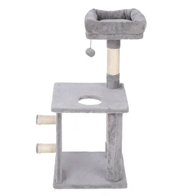 Grey scratching post with two levels, sisal scratching posts, a top lying surface and a hanging play ball.