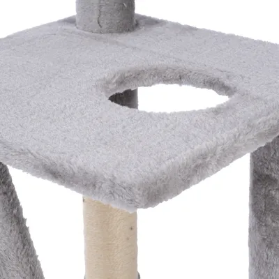 Grey platform of a cat tree with a round hole and a sisal post underneath.