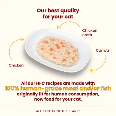 Plate of cat food with chicken, carrots and chicken broth. Text: Our best quality for your cat. 100% human-grade meat and/or fish, originally fit for human consumption, now food for your cat.