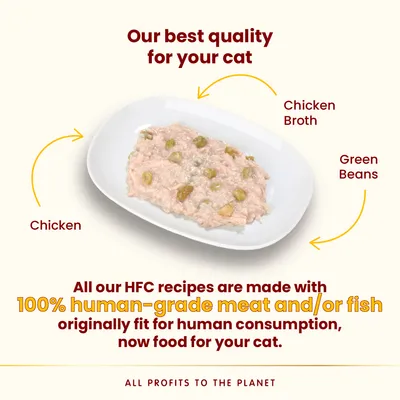 Our best quality for your cat. Chicken, chicken broth, green beans. All our HFC recipes are made with 100% human-grade meat and/or fish originally fit for human consumption, now food for your cat.