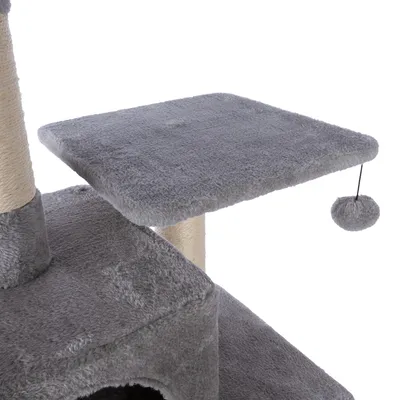 Rascador gris con plataforma, poste de sisal y pelota colgante.