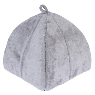 Grey, soft pet house with fabric cover and loop on top. Suitable as a retreat for small animals.