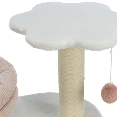 Kratzbaum mit weisser Plattform in Pfotenform, Sisalstamm und rosa Plüschball an Schnur.