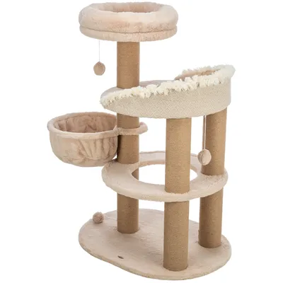 Kratzbaum mit drei Ebenen, zwei gepolsterten Liegeflächen, einer Hängemulde und Spielbällen. Säulen aus Sisal für Krallenpflege.