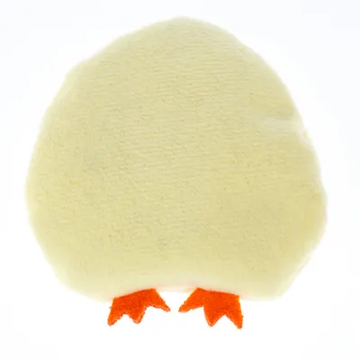 Juguete de peluche amarillo en forma de cuerpo de pollito con patas naranjas, apto para mascotas.