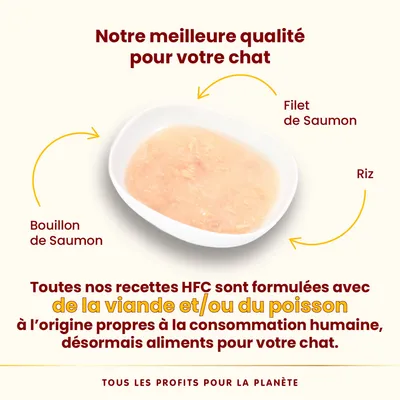 Bol avec filet de saumon, bouillon de saumon et riz. Texte : Toutes nos recettes HFC sont formulées avec de la viande et/ou du poisson propres à la consommation humaine, désormais aliments pour chat.