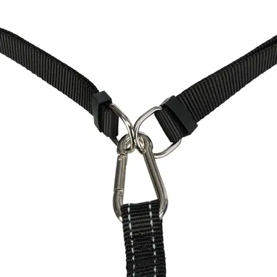 Zwarte nylonriem met metalen karabijnhaak en twee bevestigingsringen, geschikt voor veilige bevestiging van accessoires.