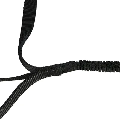 Zwart elastisch nylonband met versterkte naden, geschikt voor trek- of houdfuncties.