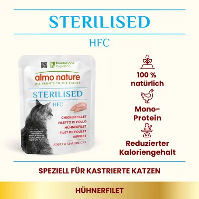 Almo Nature Sterilised HFC, speziell für kastrierte Katzen. Hühnerfilet, 100% natürlich, Mono-Protein, reduzierter Kaloriengehalt. Geeignet für erwachsene und ältere Katzen.