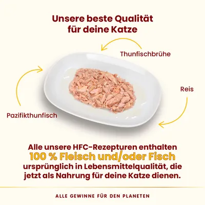 Unsere beste Qualität für Katzen: Pazifikthunfisch, Thunfischbrühe und Reis. HFC-Rezepturen mit 100% Fleisch oder Fisch in Lebensmittelqualität als Katzennahrung.