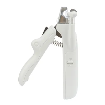 Weisse Nagelzange mit LED-Licht, Ein-/Ausschalter und Federmechanismus für präzises Schneiden.