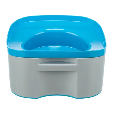 Toilette per gatti con bordo blu e base grigia, forma rettangolare con maniglia integrata.
