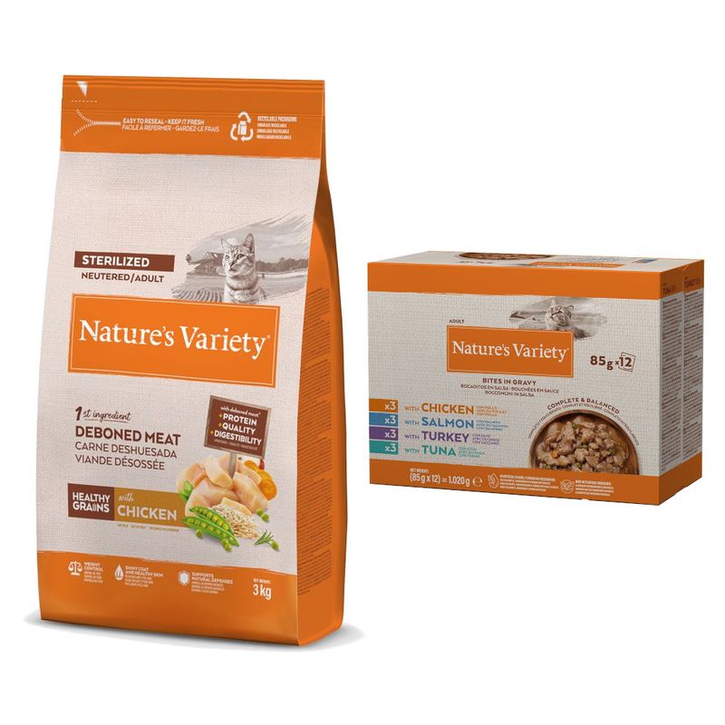Nature's Variety: сухой корм для кошек, 3 кг + Bites в соусе, 12 x 85 г в подарок!