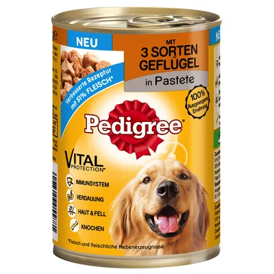 Blik Pedigree hondenvoer, 3 soorten gevogelte in paté. Tekst: verbeterde receptuur met 51% vlees, Vital Protection voor immuunsysteem, vertering, huid & vacht, botten. 100% Ausgewogene Ernährung.