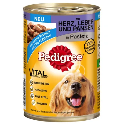 Pedigree Vital Protection tin, German text: mit Herz, Leber und Pansen in Pastete. 100% ausgewogene Ernährung. Verbesserte Rezeptur mit 51% Fleisch. Dog image on yellow label.