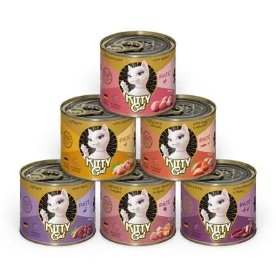 Zes blikjes kattenvoer Kitty Cat, verschillende smaken zichtbaar op de etiketten: kip, zalm, rund, kalkoen en eend. Blikjes met afbeelding van witte kat en opschrift 'Paté'.
