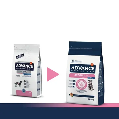 Две опаковки Advance Veterinary Diets Atopic 1,5 кг за кучета, показващи промяна в дизайна на опаковката. Видими са логото и надписите на продукта.